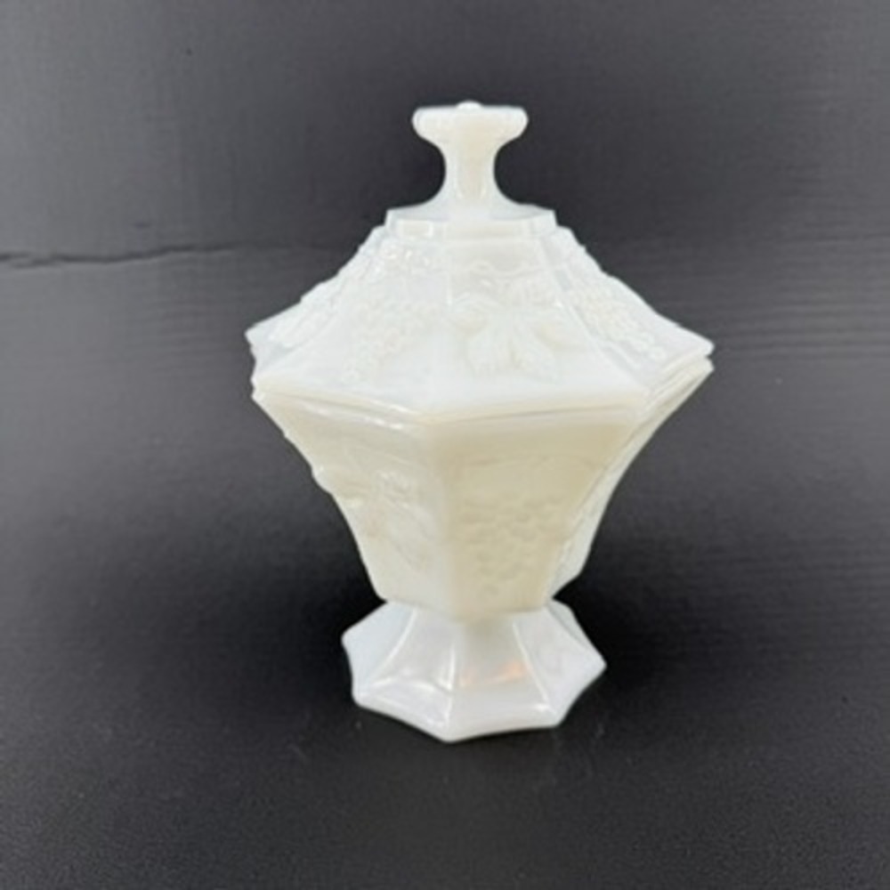 Westmoreland Milk Glass Paneled Grape Iridescent Candy Dish Lidded Compote 7.5in